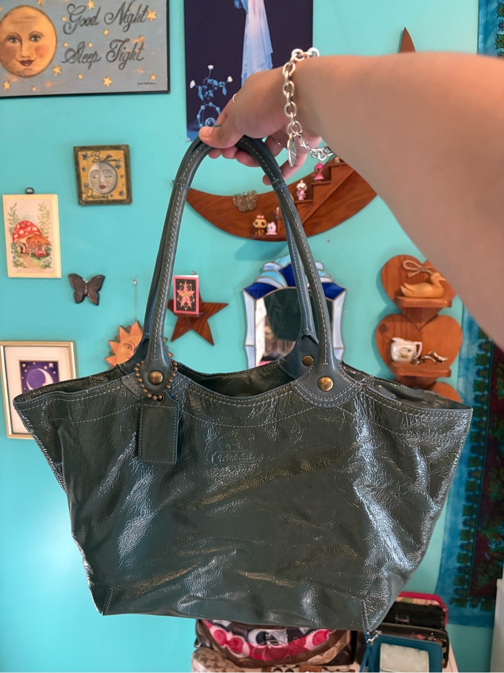 Vintage Coach Patent Crinkled Leather Bleeker Turquoise Shoulder Bag Purse